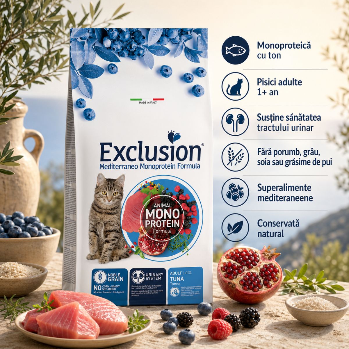EXCLUSION Mediterraneo Monoprotein Formula, Ton, hrană uscată monoproteică pisici, 1.5kg